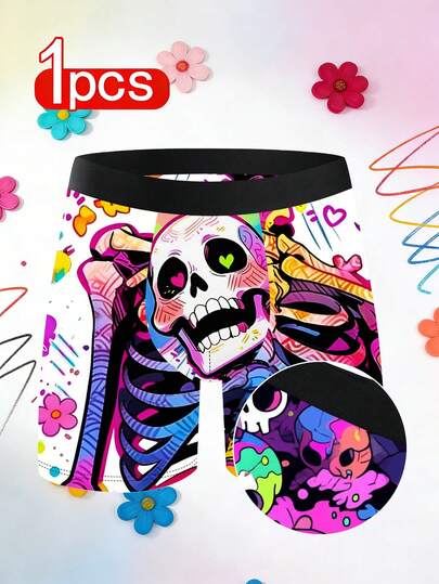 1pc Men's Skull Print Underwear, Comfortable Skin-Friendly Fabric, Personalized Sports Boxer Briefs, Versatile Casual Daily Wear