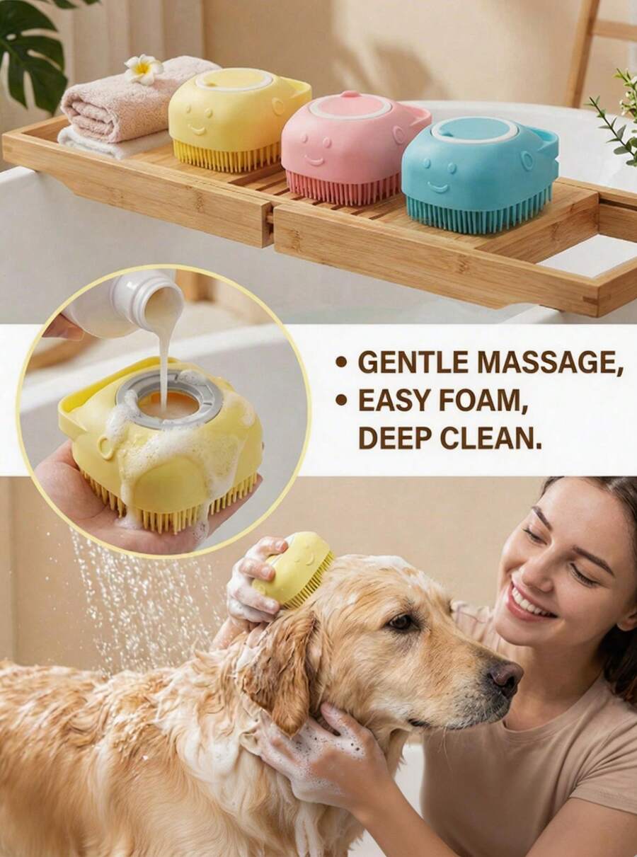 PETSIN 适用于狗和猫的温和硅胶宠物刷 - 按摩和清洁，内置沐浴露分配器 - 非常方便的宠物产品，可以用手指佩戴并挤压使用