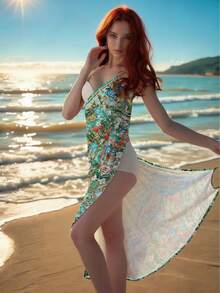 波西米亚风印花针织泳衣罩衫，适合海滩度假，无袖细肩带，透气，V领，连体设计，百搭易穿，轻盈面料 - 彩色 - 查看 4