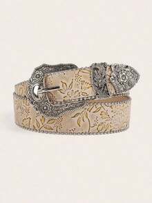Women's Vintage All-Match Western Style PU Leather Belt With Three Buckles & Carved Flowers, Leopard & Cow Pattern Halloween Summer, School Fall, Autumn, Halloween - 黑色 - 查看 3