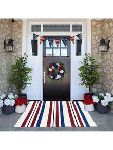 1pcs 4th Of July Patriotic Flannel Floor- Blue, White, And Red Striped Stars And Stripes Design, Durable Rustic Style Porch Decoration, Independence Day Summer Entryway Decoration, Easy To Clean - 紅白色 - 查看 10