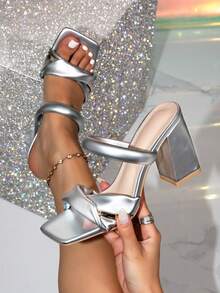 女士高跟穆勒鞋，学院风、优雅风、通勤风、商务风、奢华风、夜店风、性感风、婚礼派对风，PU皮革，荷叶边设计，方头，粗跟穆勒鞋，派对、婚礼、办公室、春夏凉鞋，银色穆勒拖鞋，银色凉鞋，适合宽脚的方头凉鞋，一脚蹬穆勒鞋 - 銀色 - 查看 1