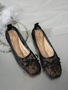 Black Lace Rose Mary Jane Shoes, Square Toe Pearl Buckle Flat Shoes, Breathable Commuter Shoes For Summer - Black - View 5