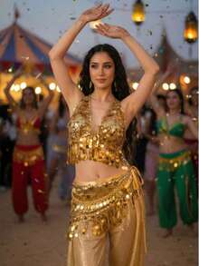 闪亮金色亮片肚皮舞服装套装 - 性感露背流苏胸衣上装和流苏臀巾 - 闪亮裹身表演服，适合锐舞派对、嘉年华和夜总会 - 彩色 - 查看 1