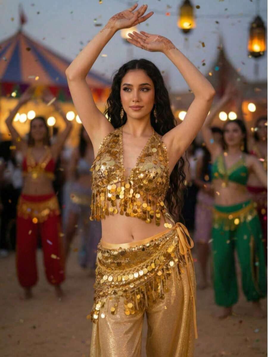 闪亮金色亮片肚皮舞服装套装 - 性感露背流苏胸衣上装和流苏臀巾 - 闪亮裹身表演服，适合锐舞派对、嘉年华和夜总会 - 彩色 - 查看 1