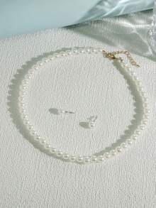 Set 3 buc cercei minimalisti cu perle artificiale și colier cu perle cu lungime reglabilă, bijuterii elegante și drăguțe pentru femei, potrivite pentru petrecere, întâlniri, purtare zilnică, cadou perfect pentru soție, iubită, fiică, mamă - alb - Vizualizare 2