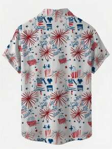 A Men's Shirt With A Red And White Firework And Star Print, Perfect For Festive Occasions. Made Of Lightweight And Breathable Polyester, It's Machine Washable And A Versatile Summer Fashion Item For Men. - 彩色 - 查看 2