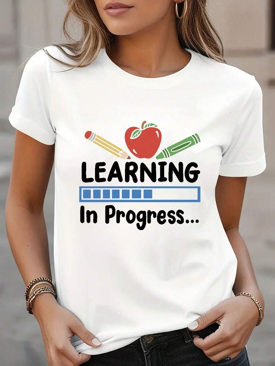 Casual Crew Neck Short Sleeve T-Shirt, Printed With A Teacher-Themed Design, Comfortable Top, Suitable For Women's Sportswear - White - View 1