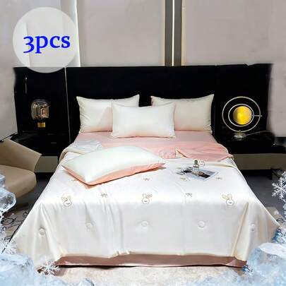 3pcs Summer Quilt Set (1 Quilt + 2 Pillowcases), Minimalist Ice Silk Summer Cooling Quilt, Reversible Cooling Air Conditioning Quilt, Exquisite Bow Embroidery, Machine Washable Thin Quilt, Suitable For Home, Bedroom, Student Dormitory, Silky Quilted Bedding