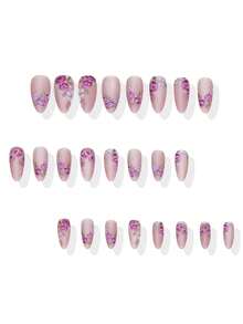 提升您的整体造型，24片装中杏仁形全覆盖哑光猫眼假指甲，花卉灵感设计：粉色和紫色指甲，简约、浪漫、时尚的美甲贴片 - 西瓜粉 - 查看 4