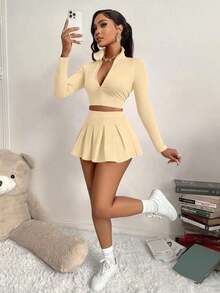 Women's Sexy 2-Piece Set, Slimming Top And Girly Style Safety Pants/Skirt, Suitable For Sports,Daily Life,Tennis,L Elegant Zipper Design,Autumn/Winter - 杏色 - 查看 1