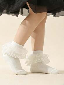 4 Pairs Solid Color Lace Trim Double Layer Princess Dance Socks For Kids & Toddlers - Champagne - View 6
