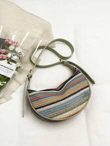 2026 New Bohemian Striped Straw Bag, Women's Casual Crescent Shoulder Bag, Lightweight Woven Saddle Bag For Travel - Multicolor - View 7