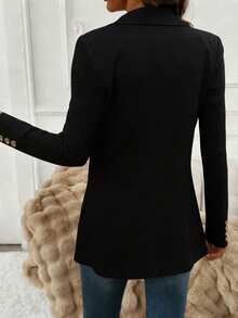 Elegant Casual Women's Black Polyester Long Sleeve Regular Lapel Button Blazer With Slight Stretch Fabric - 黑色 - 查看 3