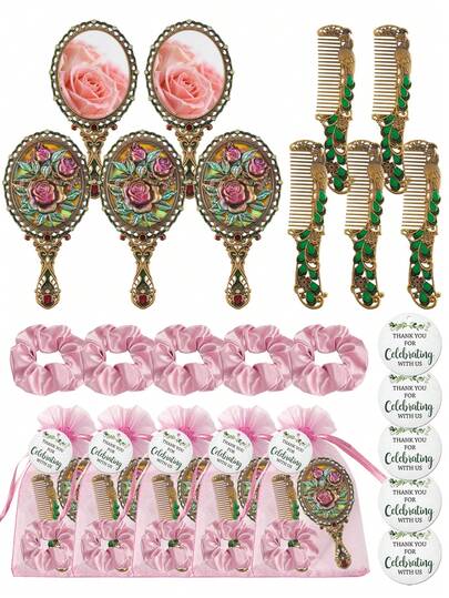 مجموعة أدوات تصفيف الشعر بمرآة مشطوشرائح الشعر الصغيرة المرصعة بالراين ذات الطراز القديم، تشمل بطاقة شكر وكيس رباط، لوازم الزفاف، مناسبة للوصيفات وحفلات عروس العزوبية والحمام الساخن، هدية عيد ميلاد، تجمع يومي، هدية رأس السنة، هدية عيد الحب الإبداعية