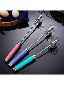 1pc Portable Stainless Steel Rotary Egg Beater, Semi-Automatic 28CM Egg Mixer, Press-Type Manual Whisk, Kitchen Gadget & Camping Cookware - Multicolor - View 9