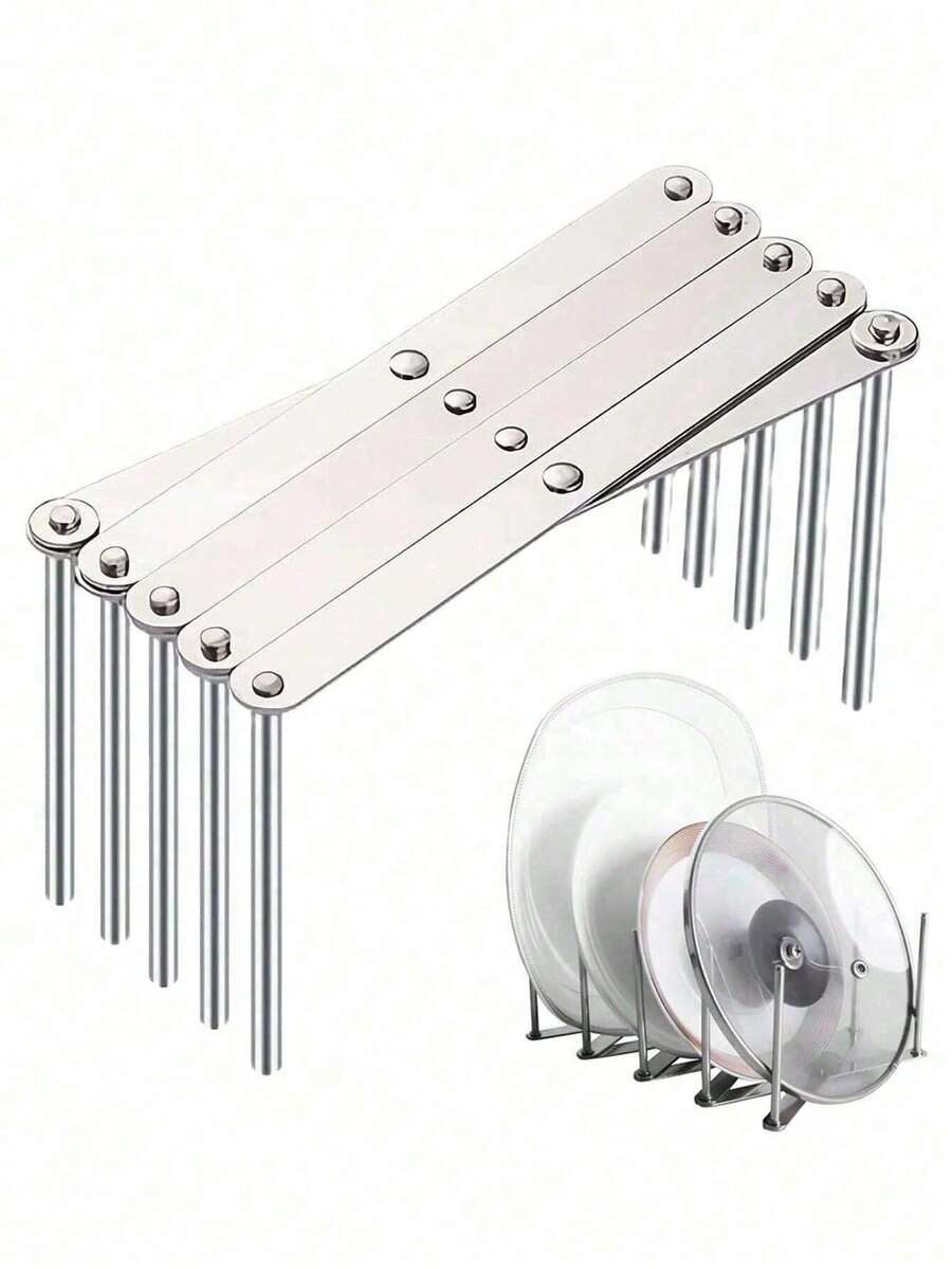 1个厨房不锈钢锅架，侧边锅盖架，伸缩折叠式收纳整理架