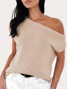 女士新款斜肩休闲舒适日常个性毛衣，短袖宽松针织T恤，外套，适合春、夏、秋季穿着，优雅时尚 - 杏色 - 查看 1