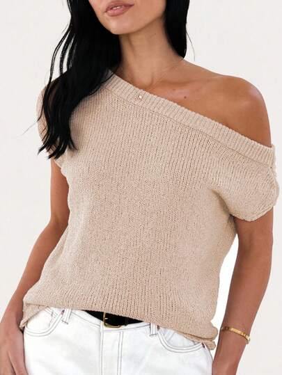 女士新款斜肩休闲舒适日常个性毛衣，短袖宽松针织T恤，外套，适合春、夏、秋季穿着，优雅时尚