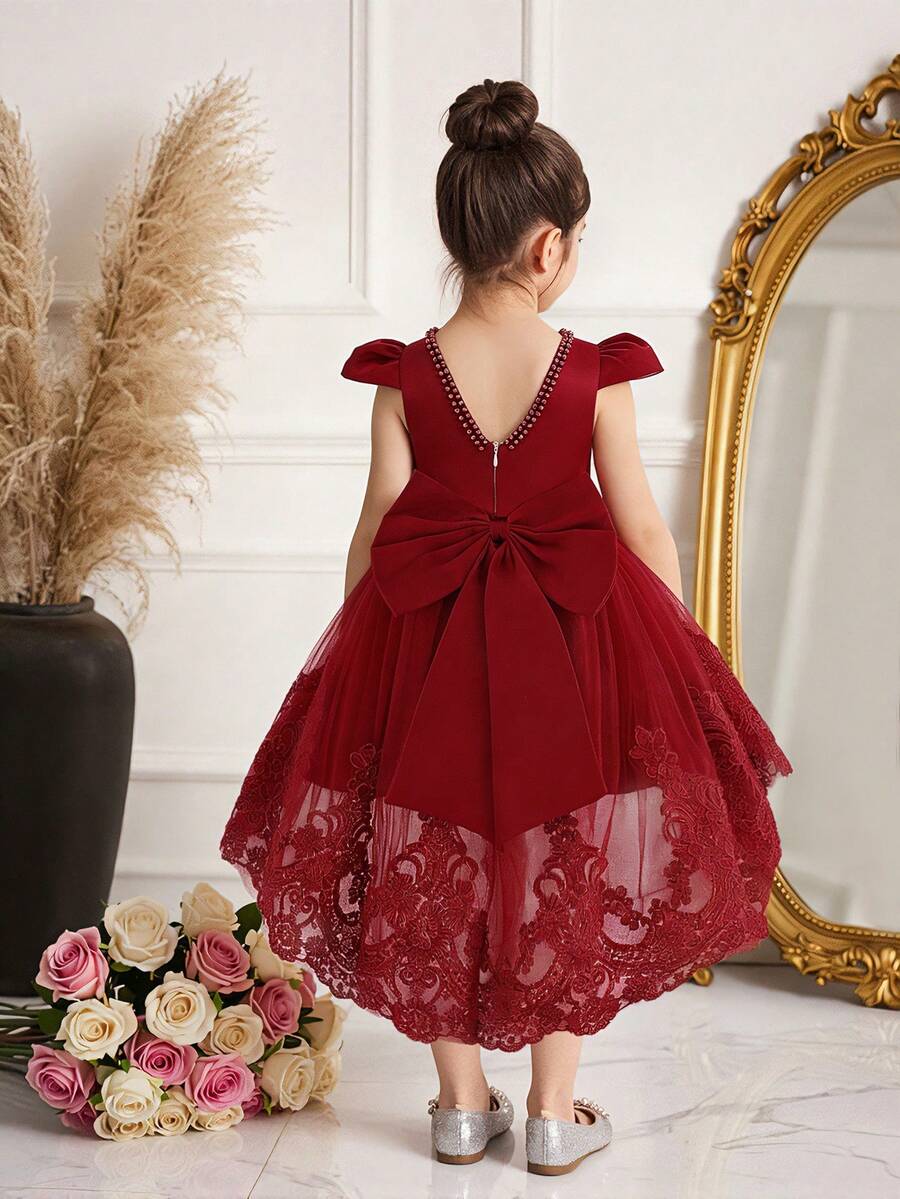 Lace Trim Bow Decor Sweet & Cute Princess Dress, Suitable For Outing And Holiday, Excluding Headband - 酒紅色 - 查看 1