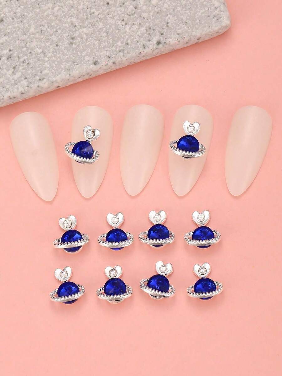 10pcs Heart-Shaped Sapphire Rhinestone Nail Art Decorations, Metal Nail Jewelry, Luxury Nail Stickers, DIY Nail Accessories, Women/Girls Metal Nail Supplies, Nail Art Gems - Multicolor - View 1