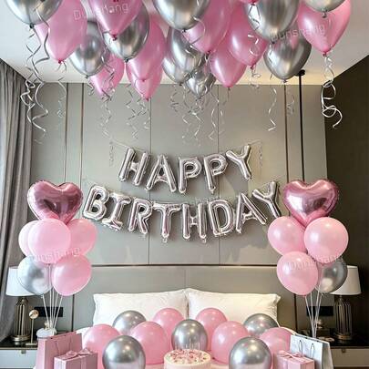 13-65pcs Pink & Silver Birthday Decoration Set - Designed For Women's Birthday Celebration, Includes Silver "Happy Birthday" Banner + Pink Heart Foil Balloons | Thicker Pearl Pink & Metallic Silver Latex Balloons | Perfect For Princess Birthday Party Decor, Bow Theme Birthday Party Supplies, Backdrop Wall Decor, Anniversary, Midnight Hotel Surprise, Influencer Photo Props, Holiday Gifts, Party Essentials