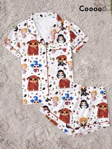 Labyrinth Magical Maze Cartoon Character Printed Pajamas Set, Short Sleeved Shirt With Collar And Buttons, Loose Elastic Shorts, Suitable For Festivals, Parties, Casual Outdoor And Indoor Wear, Suitable For All Seasons - trắng - Xem 2