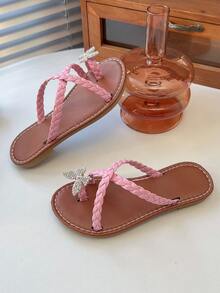 1双粉色编织亮片蝴蝶女童凉鞋，防滑橡胶软底，圆头套脚设计，适合3-15岁女孩，休闲、旅行、日常穿着，2026春夏新款 - 粉色 - 查看 6