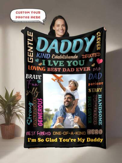 Customized Elegant | Personalized Photo Blanket, Customized Flannel Wool Blanket With 1 Photo, Reversible, Suitable For All Seasons, Non-Woven Polyester, Modern Style, Ideal For Adult Birthday And Father's Day Gifts, All-Season Blanket | Love Theme Decor | Soft Flannel Wool, Personalized Blanket