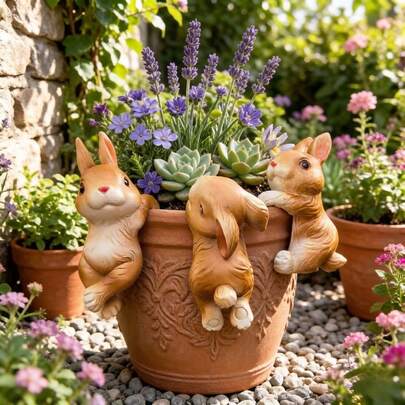 3pcs Cartoon Rabbit Resin Figurines, Planter Pots For Succulents, Wall Decor Ornaments, Suitable For Home, Balcony And Garden Decoration, Perfect For Living Room, Balcony And Yard