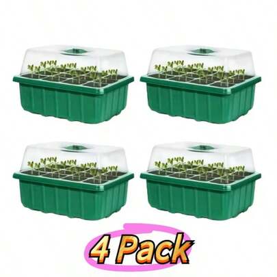 4个带盖带底座的育苗盘 - 12格 x 4，湿度可调，轻便塑料植物繁殖套装，适用于温室和花园，室内外均可使用，无需用电，经典设计，园艺用品，透明外观，结构坚固，迷你温室，育苗盘，保湿罩，园艺塑料，育苗温室，植物盆，花盆，室内种植器，育苗盘，种植园艺，盆栽植物