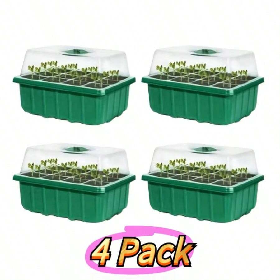 4个带盖带底座的育苗盘 - 12格 x 4，湿度可调，轻便塑料植物繁殖套装，适用于温室和花园，室内外均可使用，无需用电，经典设计，园艺用品，透明外观，结构坚固，迷你温室，育苗盘，保湿罩，园艺塑料，育苗温室，植物盆，花盆，室内种植器，育苗盘，种植园艺，盆栽植物