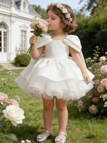 Baby GirlElegant Cute White Bow Tie Strap Tulle Princess Dress, For Birthday Party, Wedding, Easter, Vacation - White - View 1