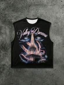 男士宽松无袖背心，印有“山谷之梦”和埃菲尔铁塔图案，Y2K梦幻风格，艺术街头时尚，面料柔软透气，适合夏季穿着。 - 黑色 - 查看 3