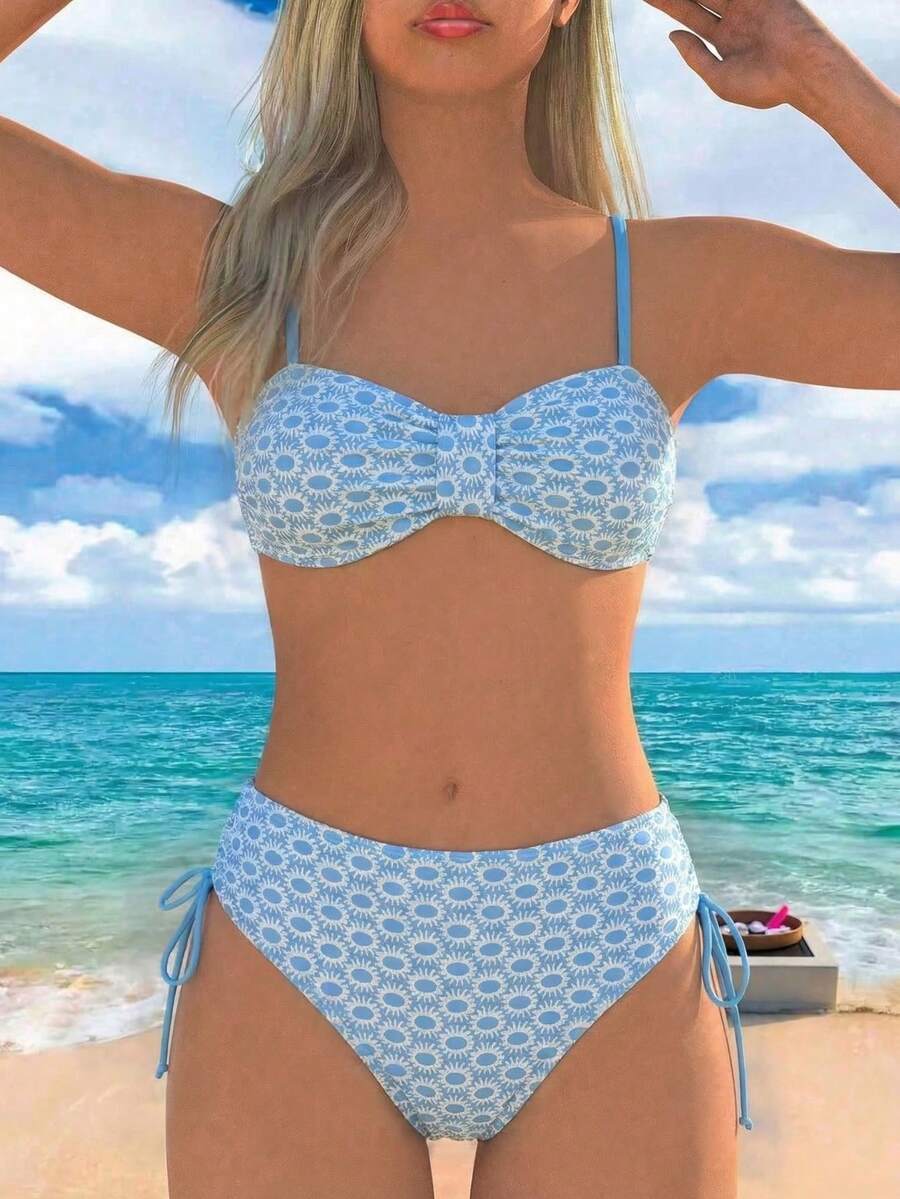 Women's Sunflower Black & White Sexy Spaghetti Strap Backless Bikini Set - Baby Blue - View 1