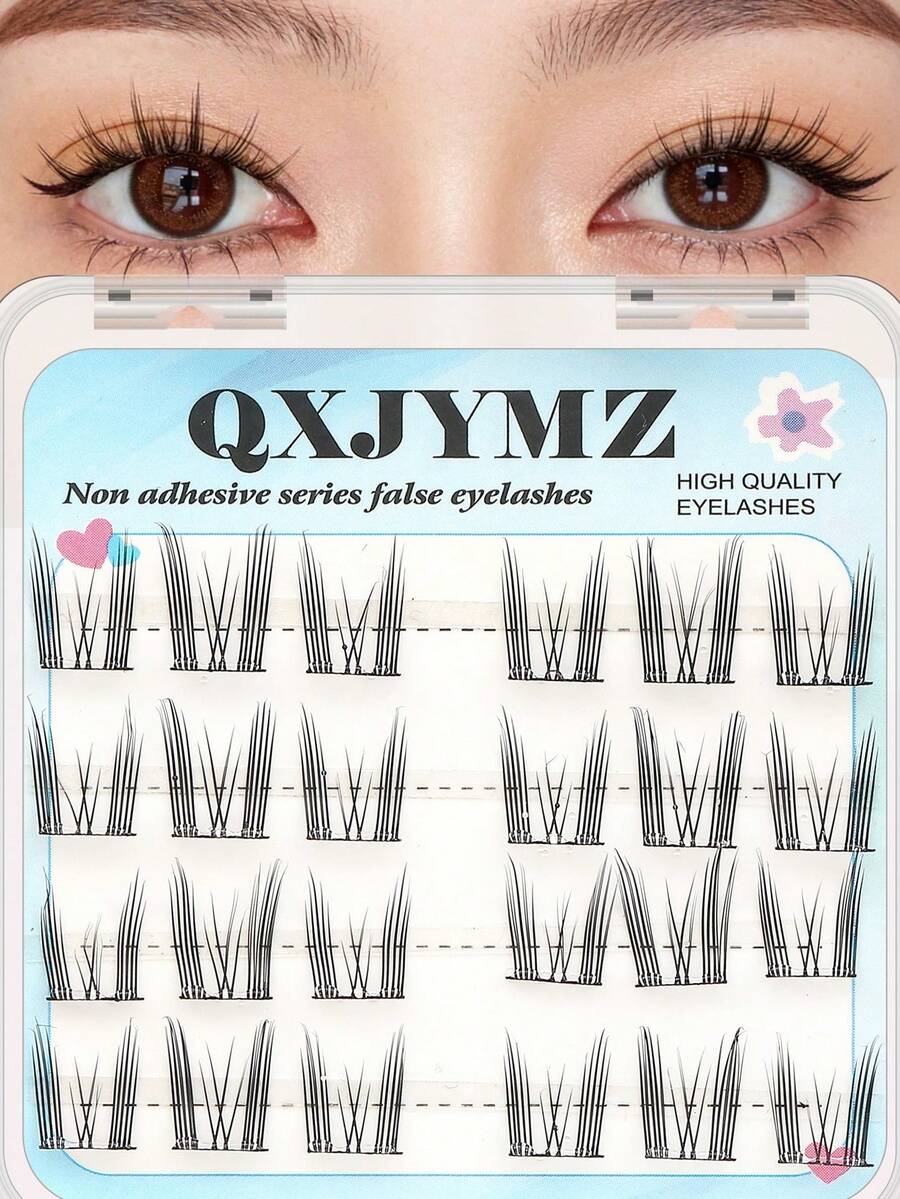 1 Box 24pcs Cartoon Cat Ear False Eyelashes, Natural & Realistic, Glue-Free Easy Application, Suitable For All Eye Shapes - C - View 1