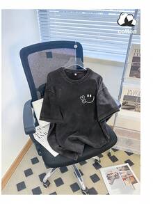 Vintage Washed Cotton Loose-Fit T-Shirt, Cute  Face And Heart Print, Women's Casual Street Style Short-Sleeve Top, Wrinkle-Resistant Washed Cotton T-Shirt - 黑色 - 查看 9