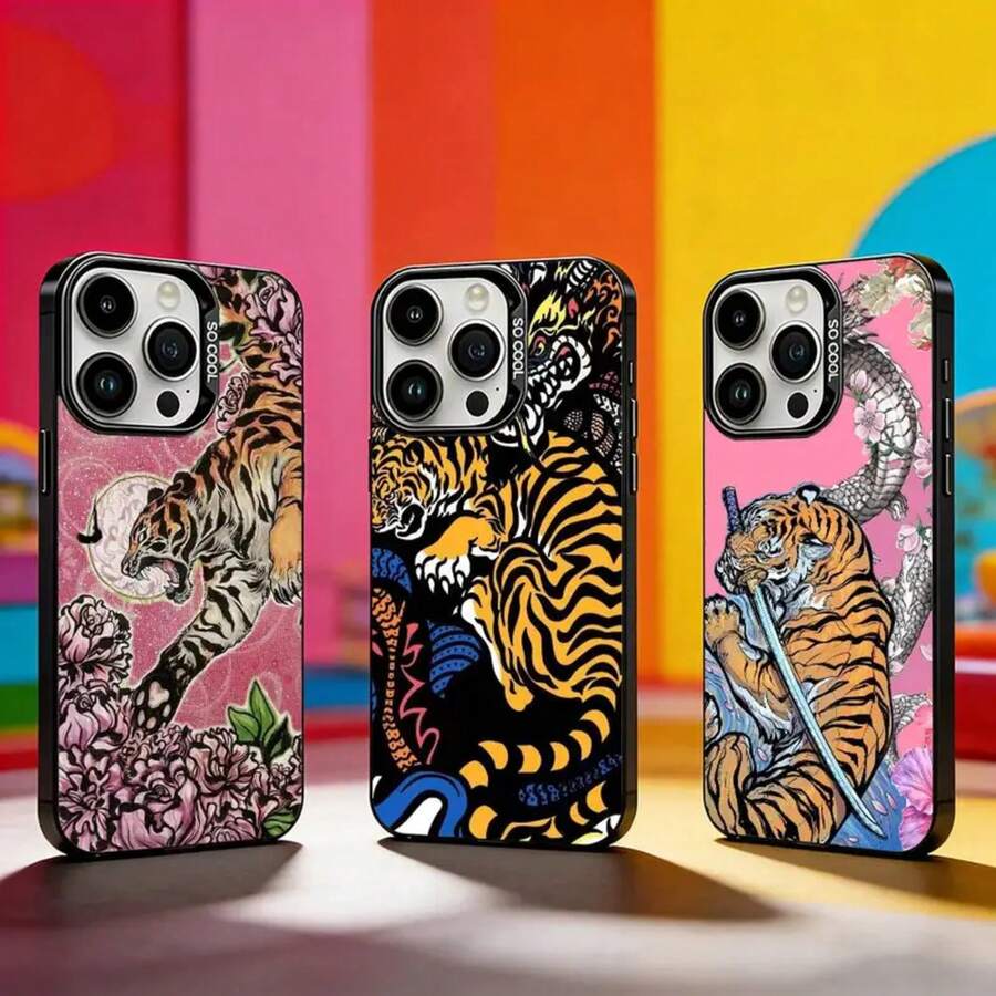 Funda de teléfono J-Japanese Ukiyo-e Tiger para iPhone 17, 16, 15, 14, 13, 12, 11 Plus, Pro Max, XS, funda de teléfono color plata. - z6 - Ver 1