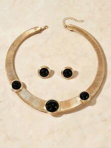 2pcs Set Vintage Luxury High-End Plated Alloy Snake Bone Chain Texture Faux Black Agate Round Gemstone Necklace & Earrings Set, Suitable For Party, Formal Occasion, And Daily Commute - Golden Yellow+Black - View 2