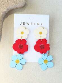 1对女士春夏白色、红色、蓝色花卉印花陶瓷质感INS设计可爱个性亚克力长耳环 - 彩色 - 查看 8