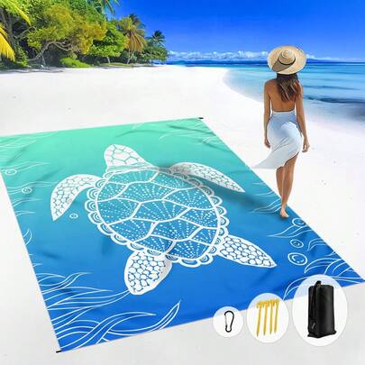 1件185*235厘米海洋生物海龟图案防水防沙沙滩毯，适合2-3人海滩休闲度假，轻薄耐用户外露营野餐垫