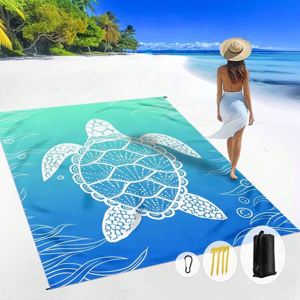 1件185*235厘米海洋生物海龟图案防水防沙沙滩毯，适合2-3人海滩休闲度假，轻薄耐用户外露营野餐垫