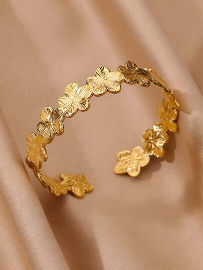 Elegant Floral Stainless Steel Bangle, 18K Gold Plated Adjustable Open Cuff Bracelet, Women's Gold Color Wedding Jewelry, Holiday Party Accessory, Gift For Her/Mom/Best Friend