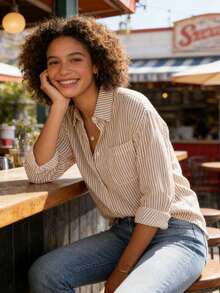 Women's Striped Long-Sleeved Shirt - Màu Khaki - Xem 4