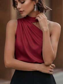 1 chiếc áo kiểu nữ mùa hè màu trơn bằng vải satin, thiết kế bất đối xứng/không đều, xếp ly, thanh lịch, không tay, thích hợp cho mùa hè, đi chơi, công sở, dự tiệc và các dịp trang trọng. - Màu Đỏ Sâu - Xem 2