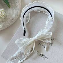 法式优雅白色蕾丝蝴蝶结发箍，日常佩戴宽边发圈配饰 - 彩色 - 查看 4