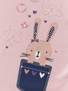 Easter Young Girl Long Sleeve T-Shirt, Cartoon Rabbit & Flower Print, Fashionable Casual Tops For Autumn - Dusty Pink - View 5