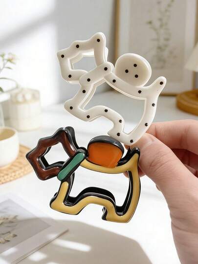 2件套女士线条画小狗发夹，简约时尚休闲可爱波点撞色小狗发夹，百搭日常、通勤、丸子头、度假、旅行、居家、节日、婚礼礼品套装