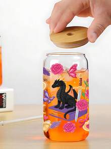 1pc Rose, Butterfly, Star, Magic Dragon Pattern Glass Cup With Lid And Straw, Drinkware, Fantasy Little Black Dragon, Ideal Gift, Souvenir, Suitable For Home And Office - Multicolor - View 4