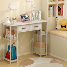 White Computer Desk With Drawers, 37.3 Inch Home Office Work Desk With Storage Shelf, Teens Study Table For Small Space, Small Writing PC Table For Bedroom Makeup Vanity Desk - Trắng - Xem 9
